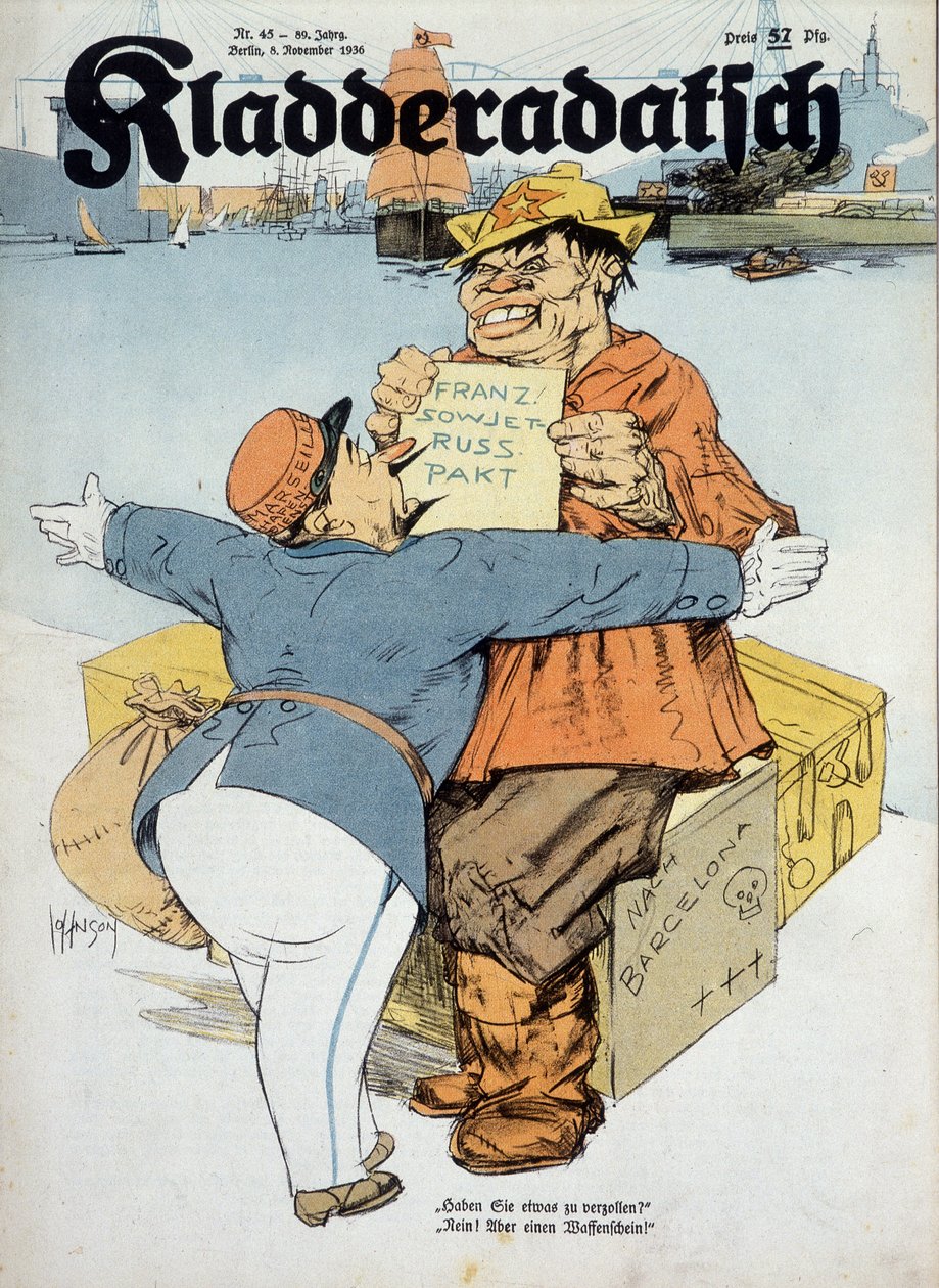 Vignetta tedesca sugli accordi franco-sovietici (doganiere francese e marinaio russo:" Ha qualcosa da dichiarare No! Solo armi!" (Contesto della guerra di Spagna), "Kladderadatsch" 8/11/1936, illustrazione di Arthur Johnson (1874-1954). da Arthur Johnson