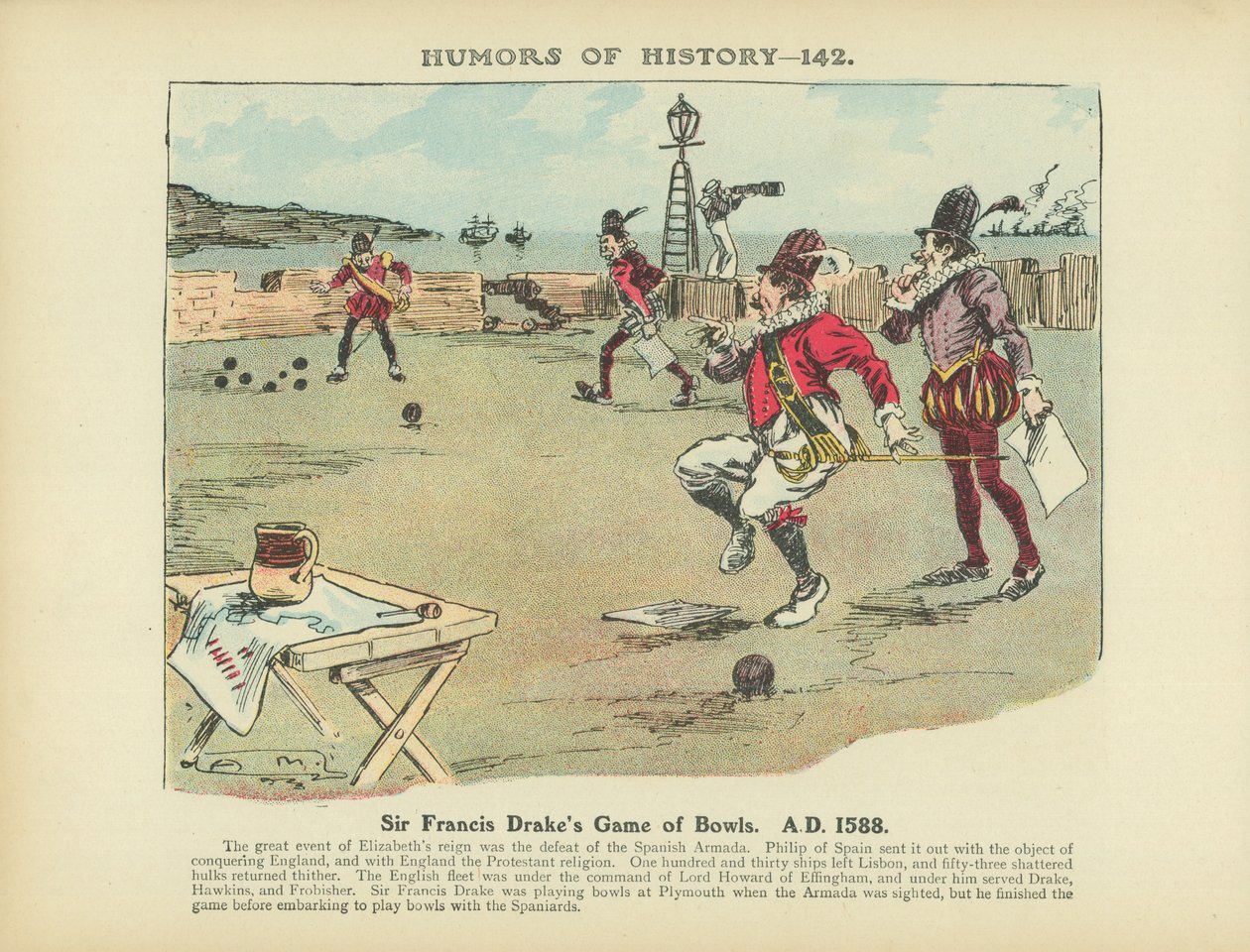 Il gioco delle bocce di Sir Francis Drake. A.D. 1588 (litografia a colori) da Arthur Moreland
