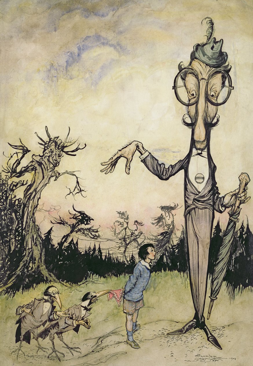 Un gigante con un bambino e due corvi, illustrazione da Il libro di Betty Barber di Maggie Brown, pub.1910 da Arthur Rackham