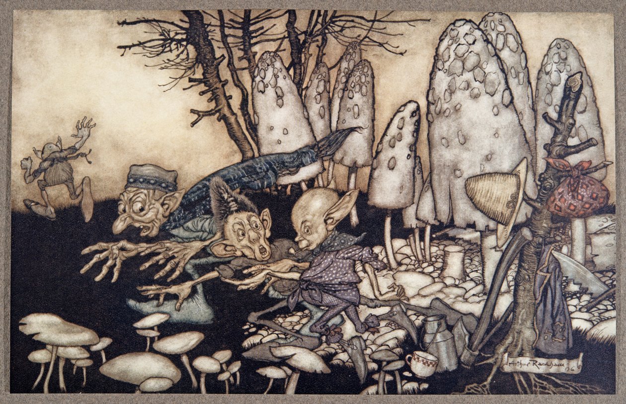 Un gruppo di operai che stavano segando un fungo corsero via lasciando i loro attrezzi dietro di loro, da Peter Pan nei Giardini di Kensington di J M Barrie (1860 - 1937), pub. 1906 da Arthur Rackham
