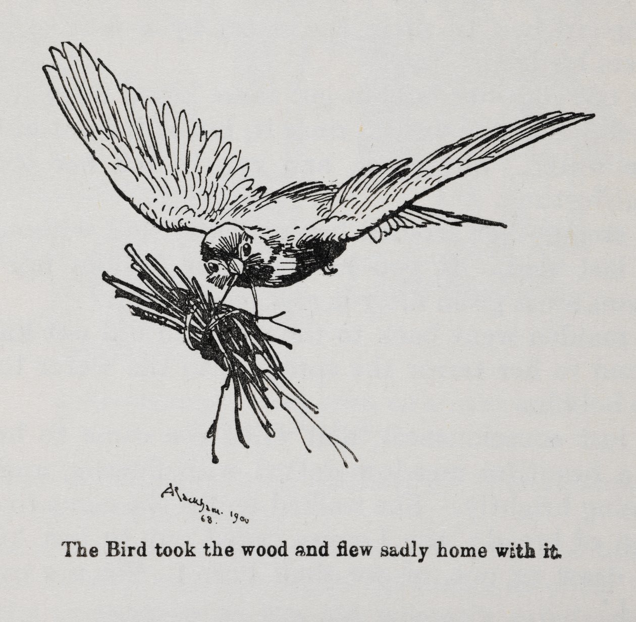 Un uccello che trasporta un fascio di ramoscelli da Arthur Rackham