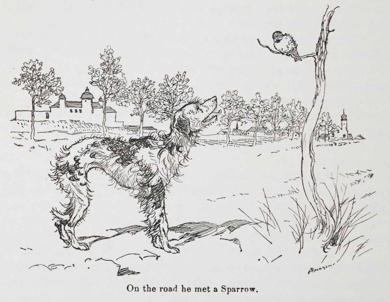 Un cane e un passero da Arthur Rackham