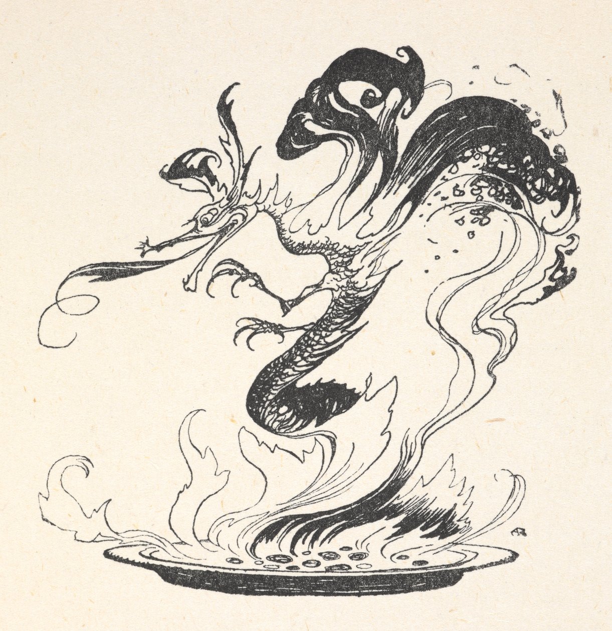 Un drago che emerge da un piatto di denaro in fiamme da Arthur Rackham