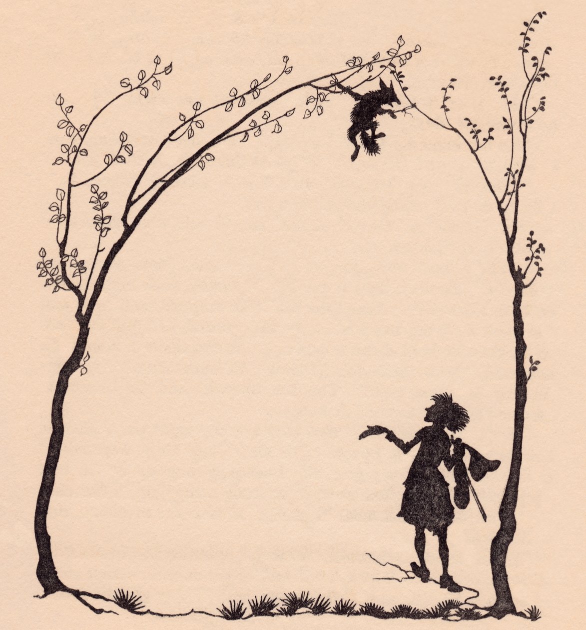 Una volpe legata per le zampe a due alberi di nocciolo. Illustrazione di Arthur Rackham dalla fiaba dei Grimm, Il musicista meraviglioso. da Arthur Rackham