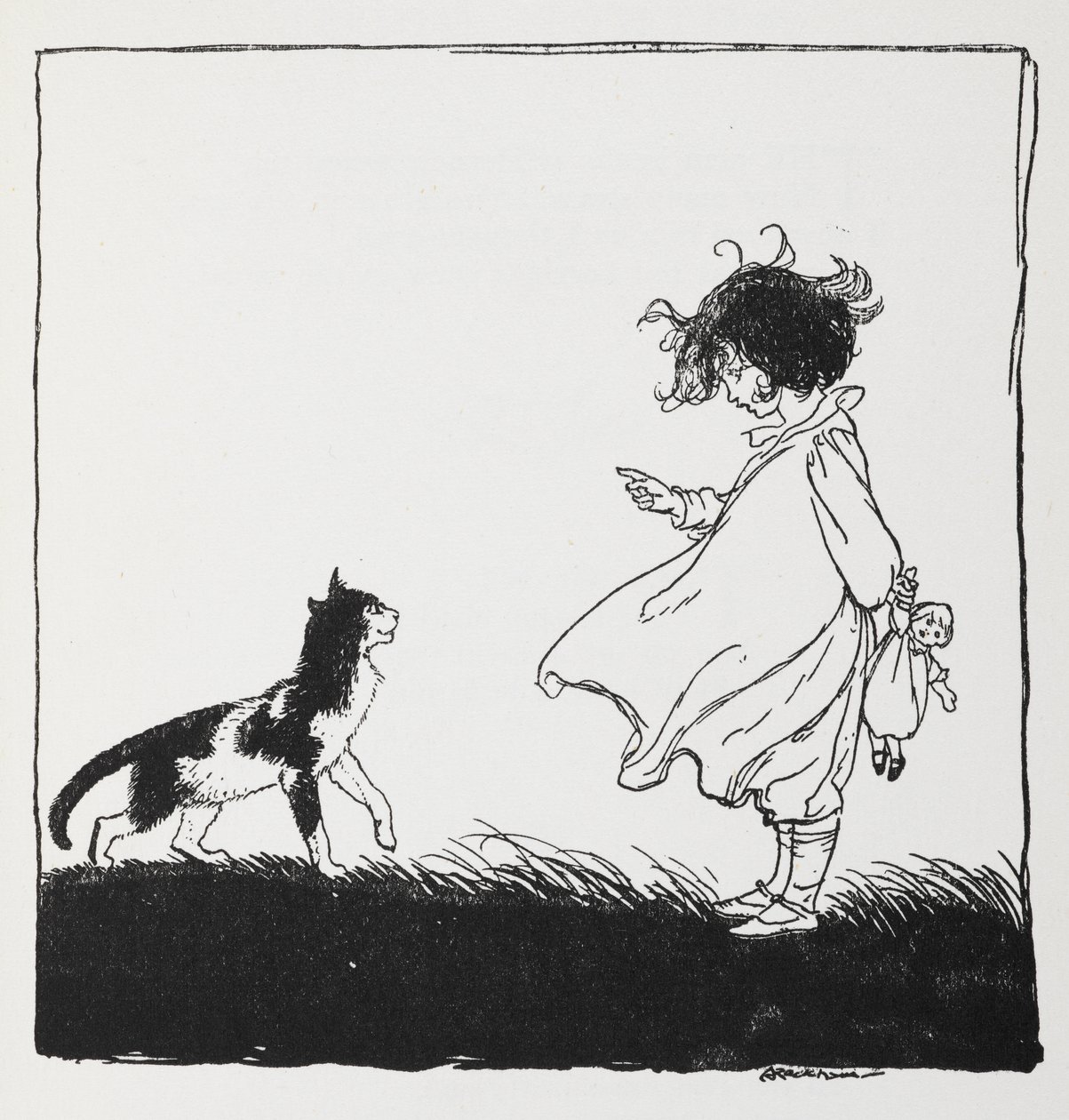 Una ragazza con una bambola che sgrida il suo gatto da Arthur Rackham