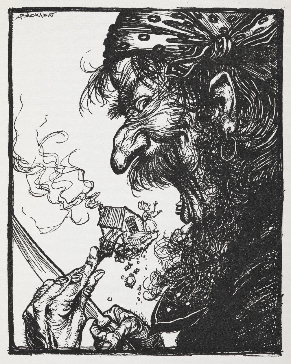 Un uomo grande che mangia una piccola signora e la sua casa da Arthur Rackham
