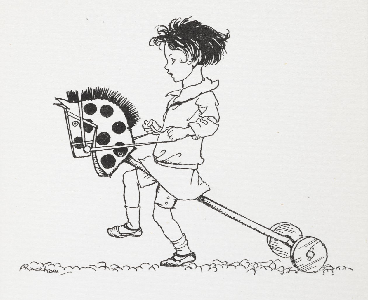 Una bambina su un cavallo a dondolo da Arthur Rackham