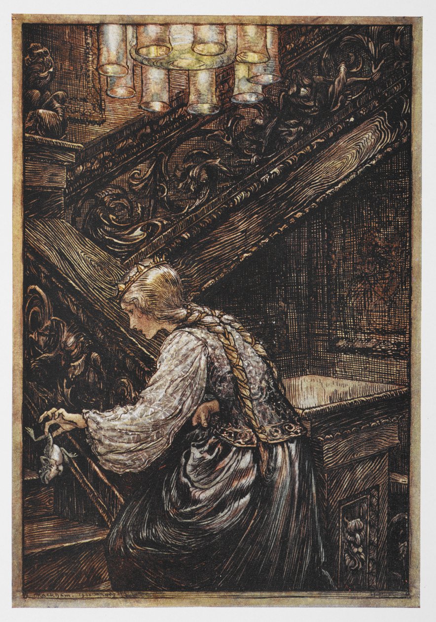 Una principessa che porta una rana da Il Principe Ranocchio da Arthur Rackham