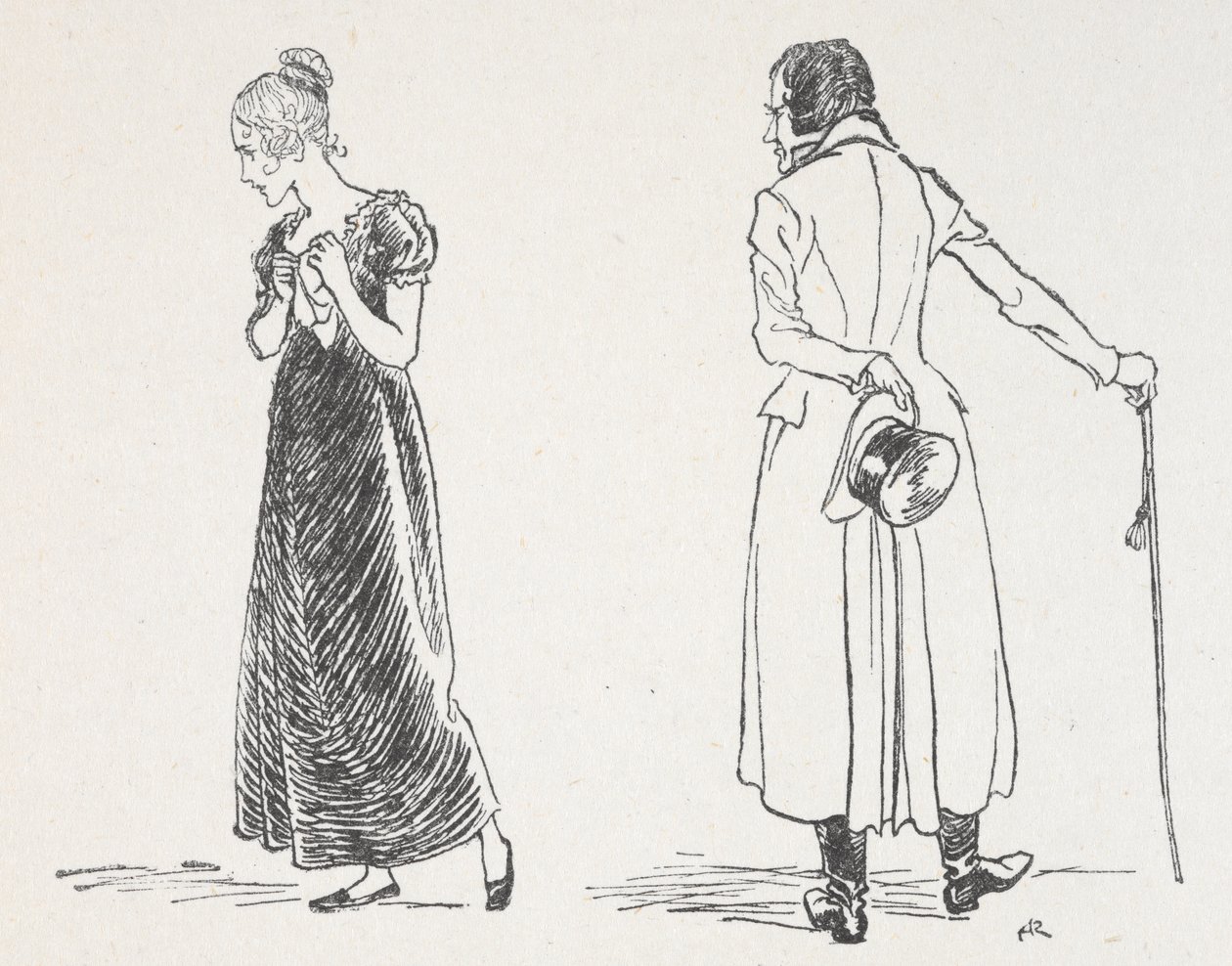 Una giovane coppia che litiga, la donna che si è girata stringendo un fazzoletto al petto da Arthur Rackham