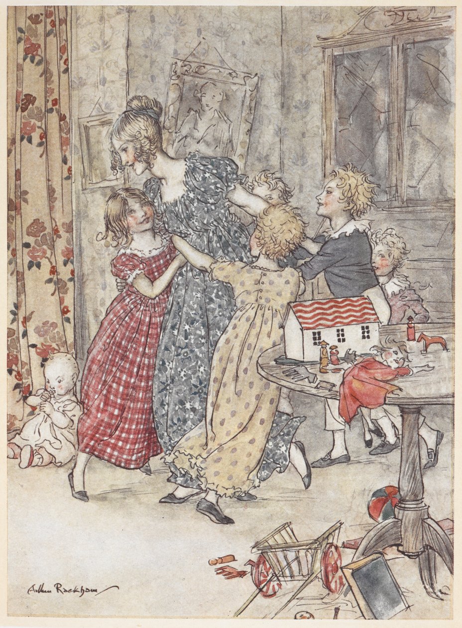 Una giovane donna e bambini che ballano intorno a una stanza piena di giocattoli da Arthur Rackham