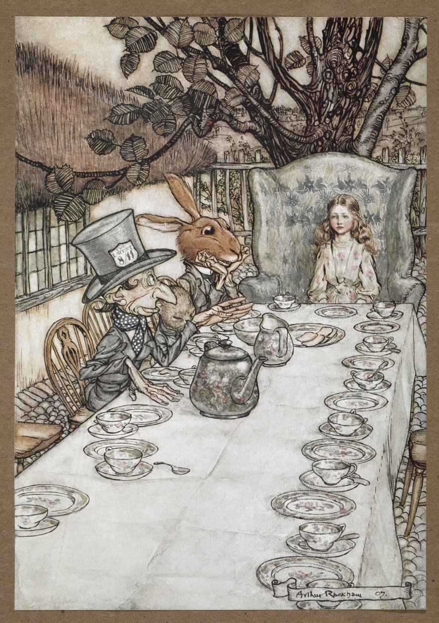 Alice al Tea Party del Cappellaio Matto con la Lepre Marzolina, il Ghiro e il Cappellaio Matto da Arthur Rackham