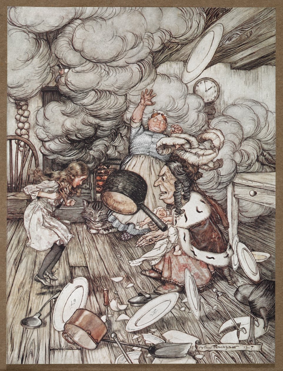 Alice in una cucina con la Duchessa, un cuoco e il Gatto del Cheshire da Arthur Rackham