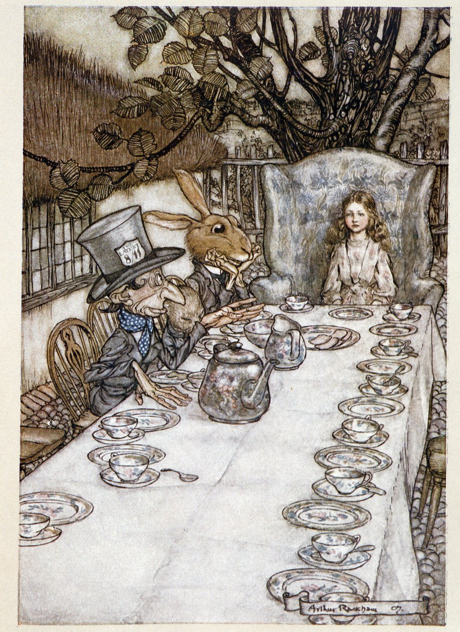Alice prende il tè con il Cappellaio Matto e la Lepre Marzolina - in "Le avventure di Alice nel Paese delle Meraviglie", Lewis Carroll, ill. di Arthur Rackham da Arthur Rackham