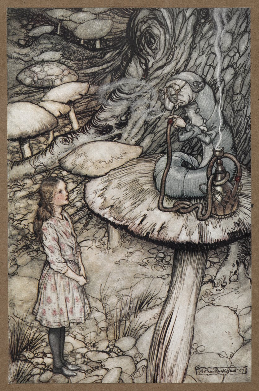 Alice che parla al Bruco seduto su un fungo che fuma una pipa da Arthur Rackham