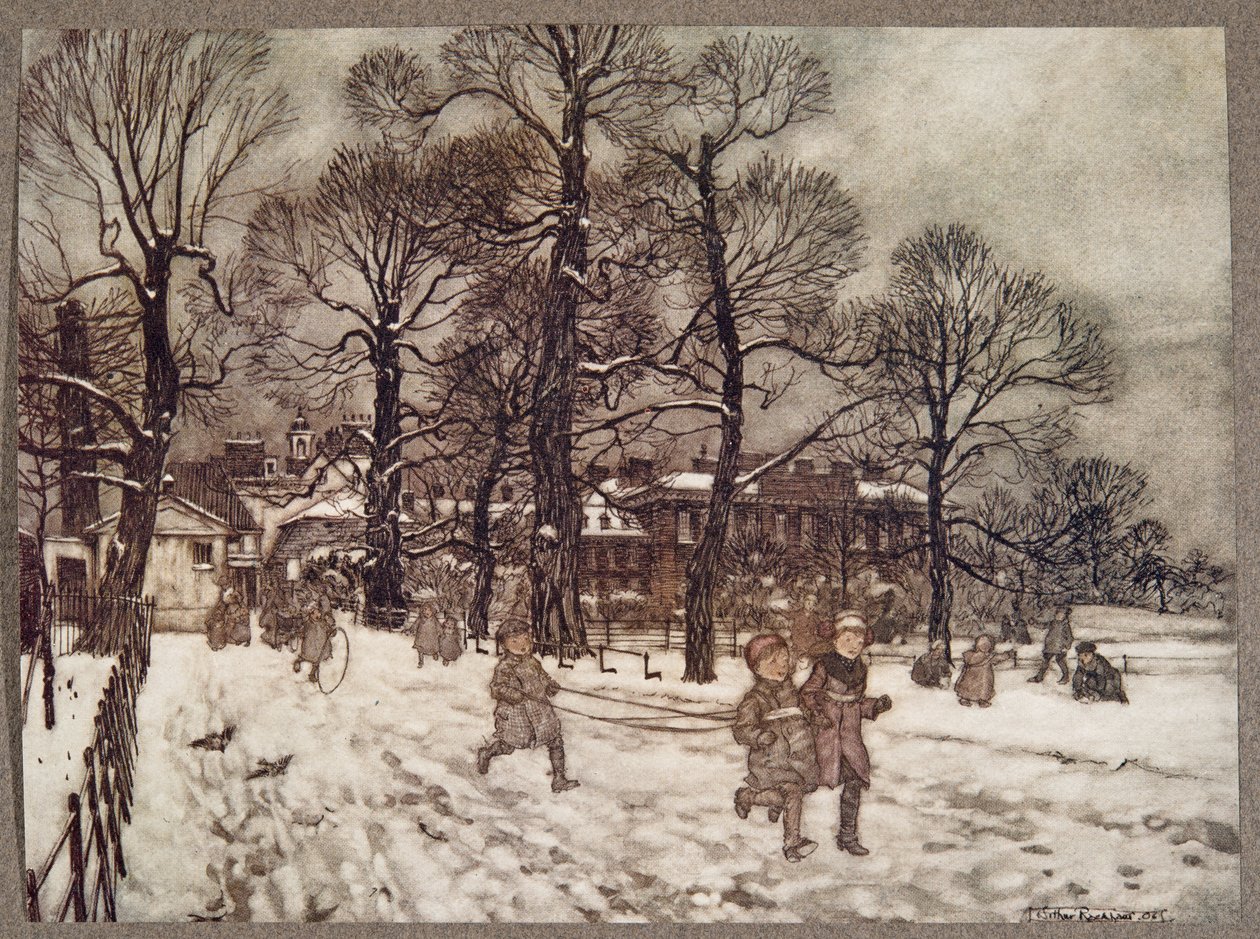 Un pomeriggio quando i giardini erano bianchi di neve, da Peter Pan nei Giardini di Kensington di J M Barrie (1860 - 1937), pub. 1906 da Arthur Rackham
