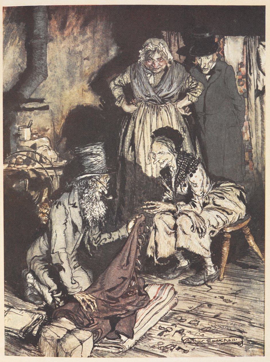 Una vecchia famiglia nella loro casa con un uomo che offre loro tende da Arthur Rackham