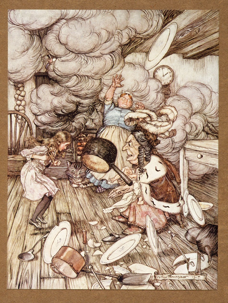 Una pentola insolitamente grande volò vicino e quasi la portò via, da Le avventure di Alice nel Paese delle Meraviglie, di Lewis Carroll, pub. 1907 da Arthur Rackham