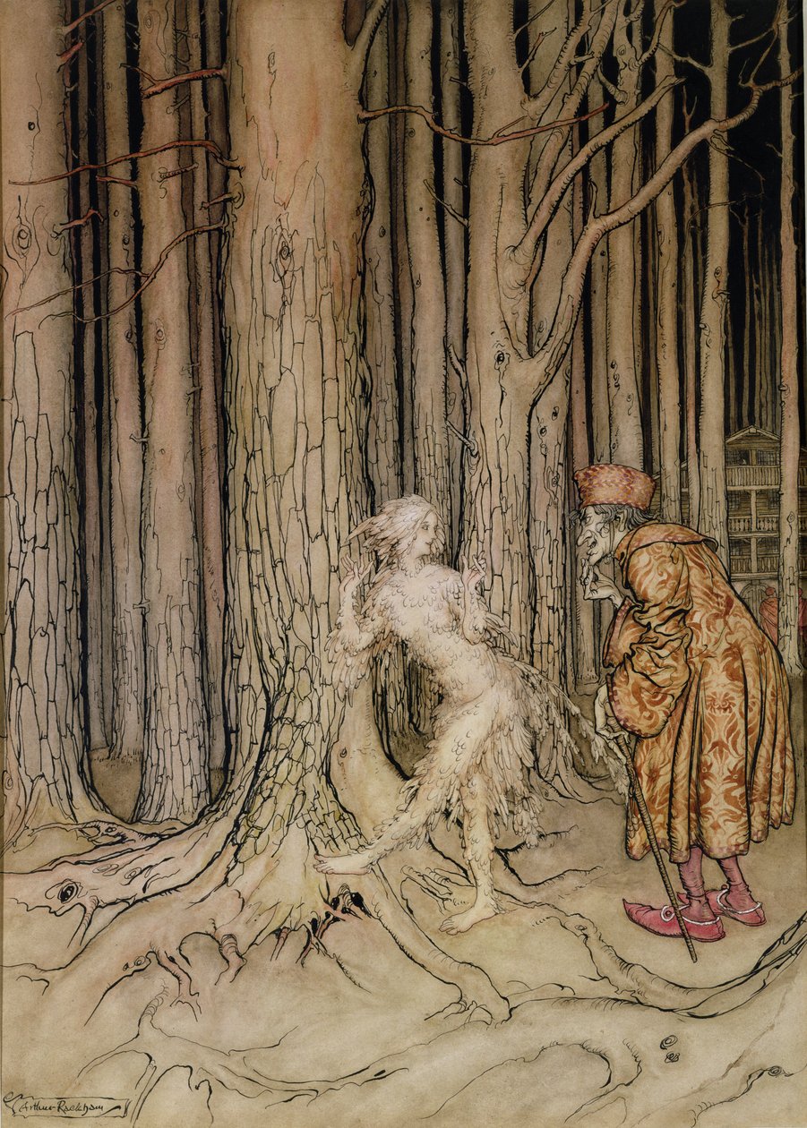 Alla fine incontrò lo sposo che stava lentamente tornando, illustrazione per Fitchers Bird, da Fratellino e Sorellina, dei Fratelli Grimm, 1917 da Arthur Rackham