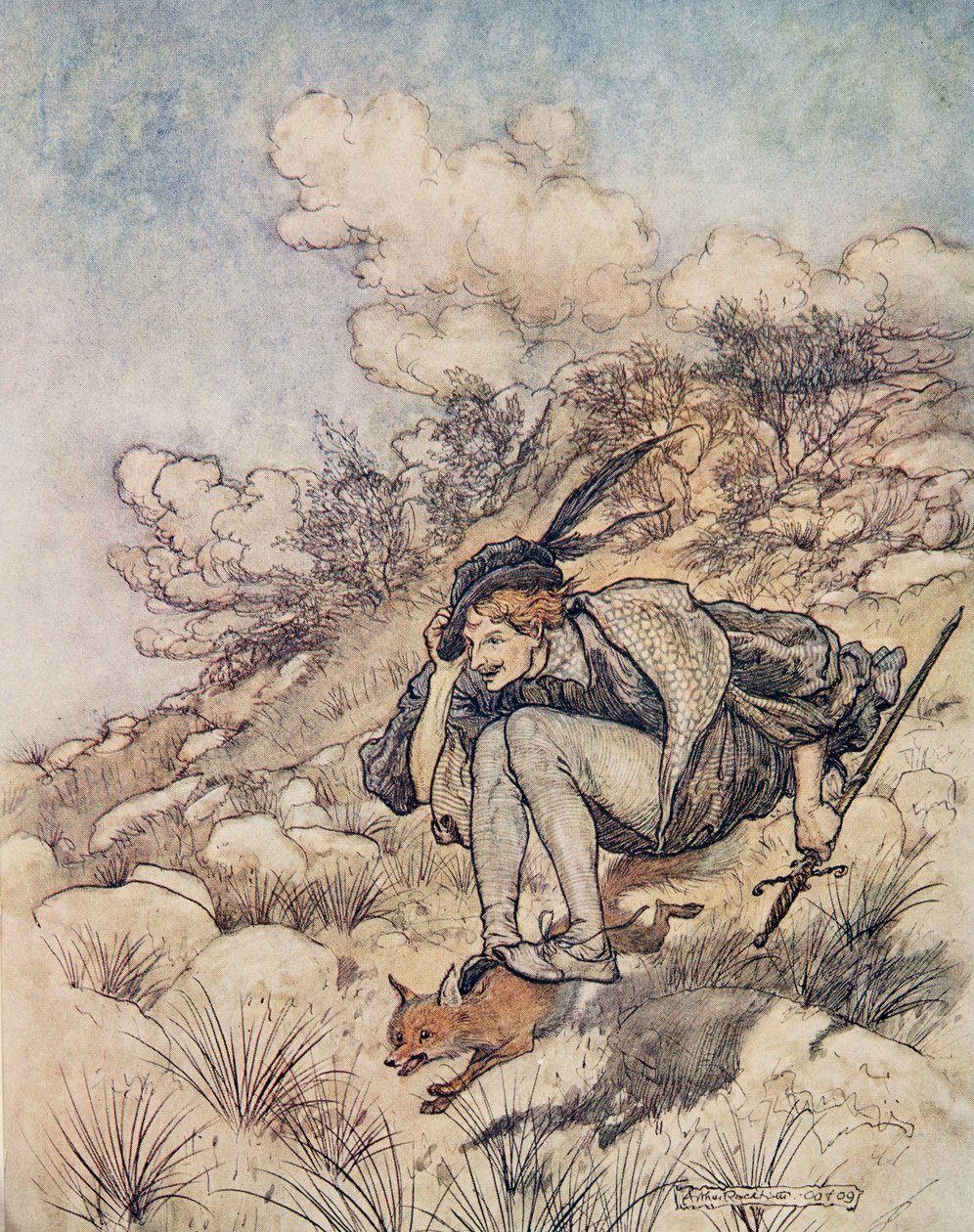 Via volarono sopra ceppi e pietre, a una velocità tale che i suoi capelli fischiavano nel vento, da Le fiabe dei fratelli Grimm, pub. 1909 da Arthur Rackham