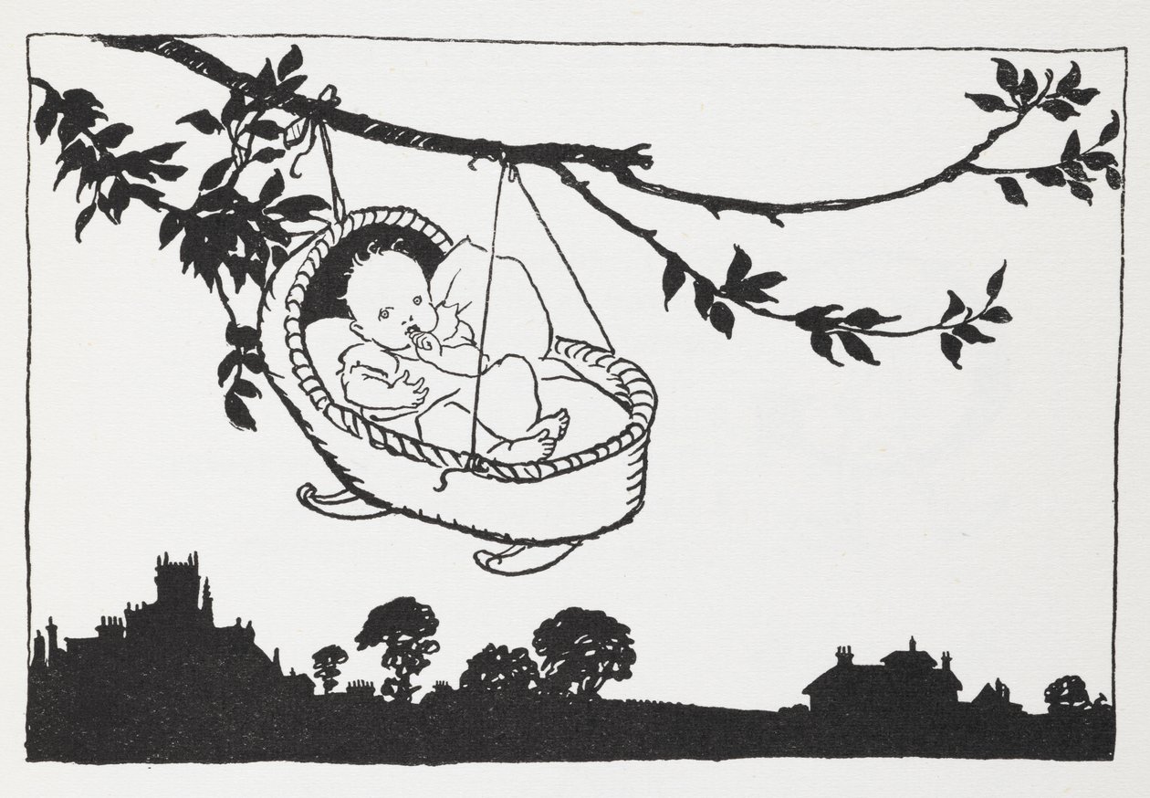 Bambino in una culla appesa a un ramo da Arthur Rackham