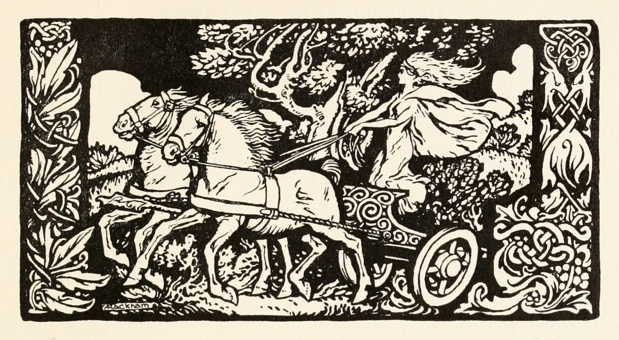Becfola nel suo carro da Il corteggiamento di Becfola in Fiabe irlandesi da Arthur Rackham
