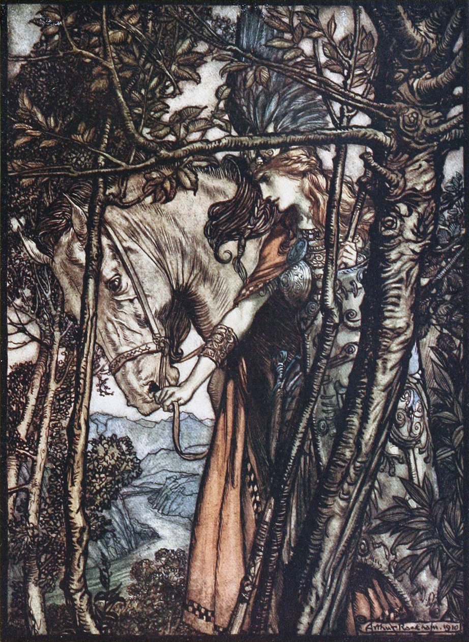 Brünnhilde conduce il suo cavallo per le briglie. Illustrazione per L