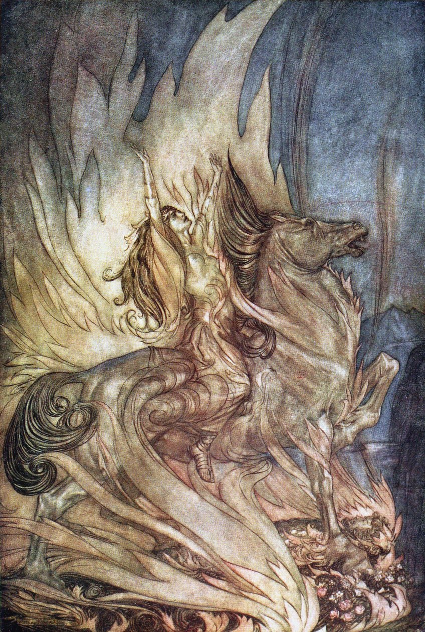 Brünnhilde su Grane salta sulla pira funebre di Sigfrido. Illustrazione per Sigfrido e Il Crepuscolo degli Dei da Arthur Rackham