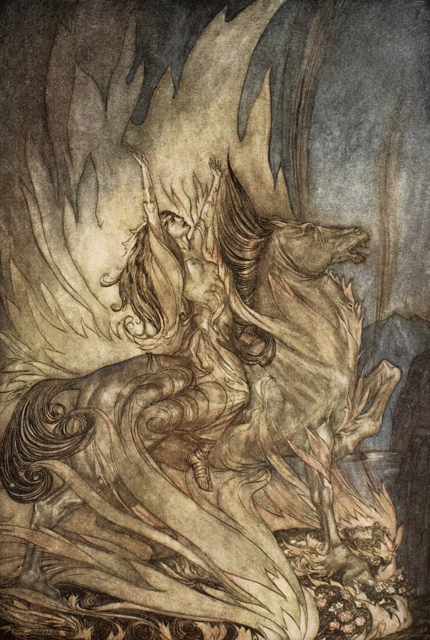 Brunilde su Grane salta sulla pira funeraria di Sigfrido, illustrazione da 
