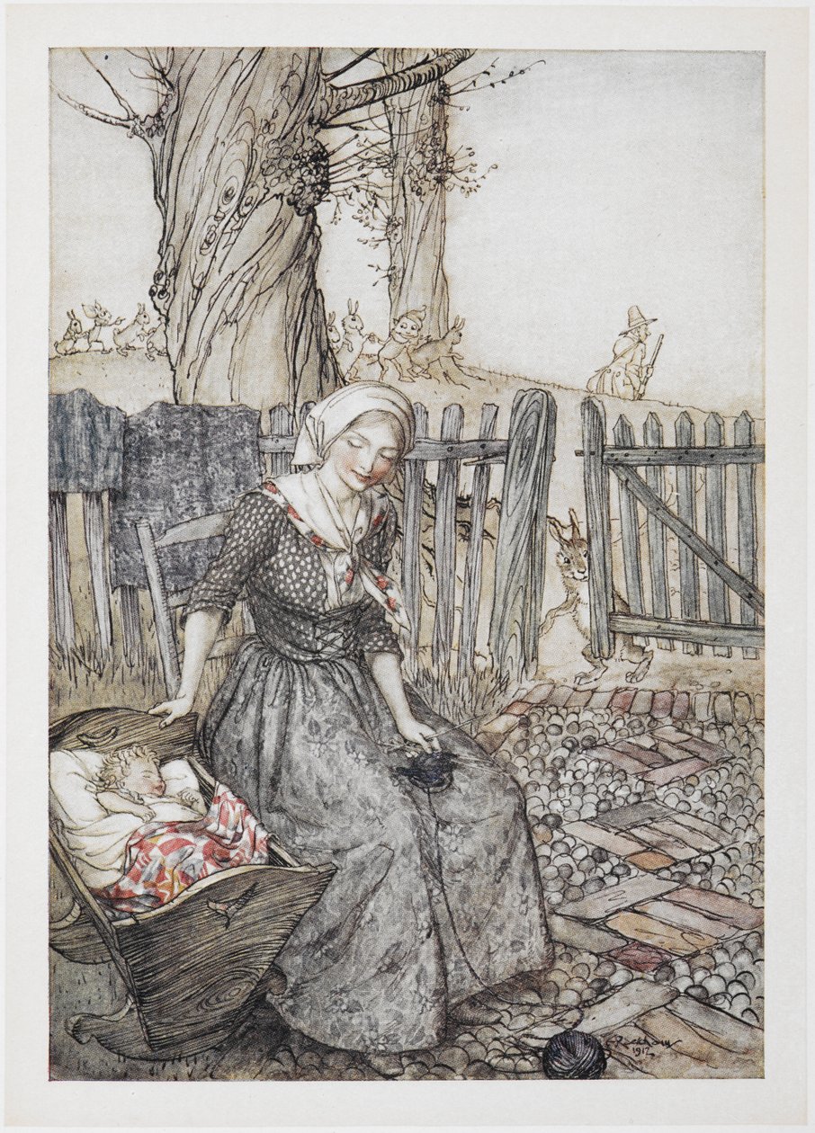 Addio, piccolo coniglietto. Madre con il suo bambino in una culla. Padre che va a caccia sullo sfondo da Arthur Rackham