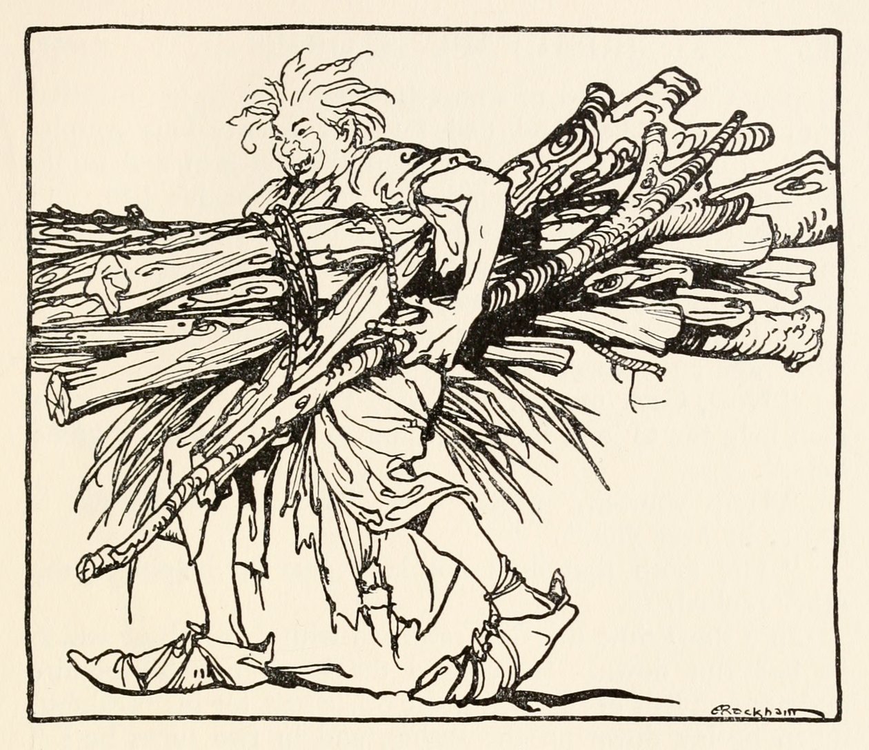 Carl che costruisce un riparo per la notte, da Il Carl del Cappotto Grigio in Fiabe irlandesi da Arthur Rackham