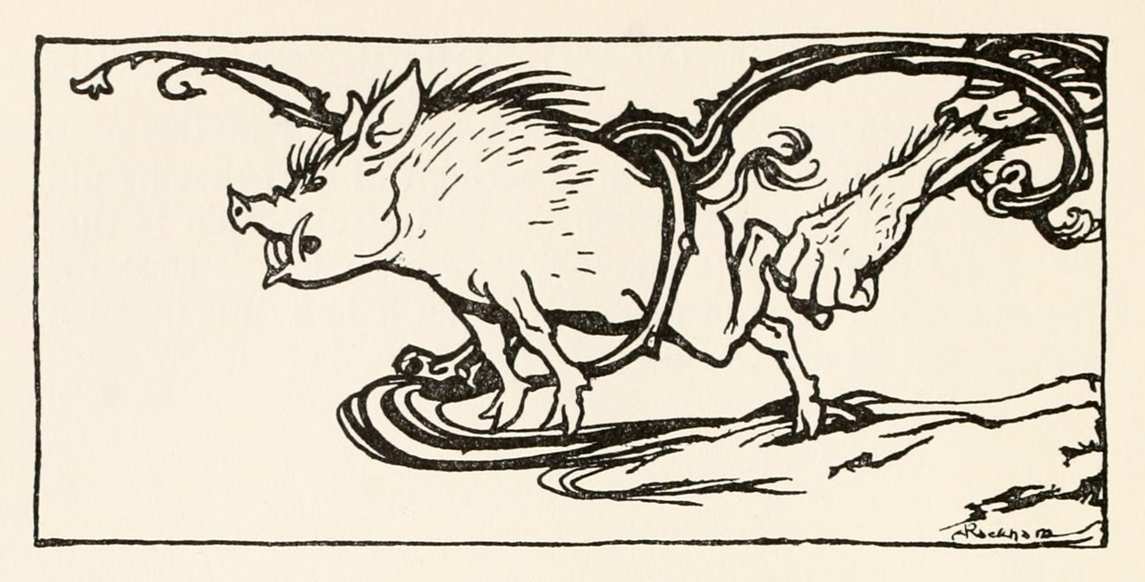 Carl che cattura un cinghiale per la sua cena, da Il Carl del Cappotto Grigio in Fiabe irlandesi da Arthur Rackham