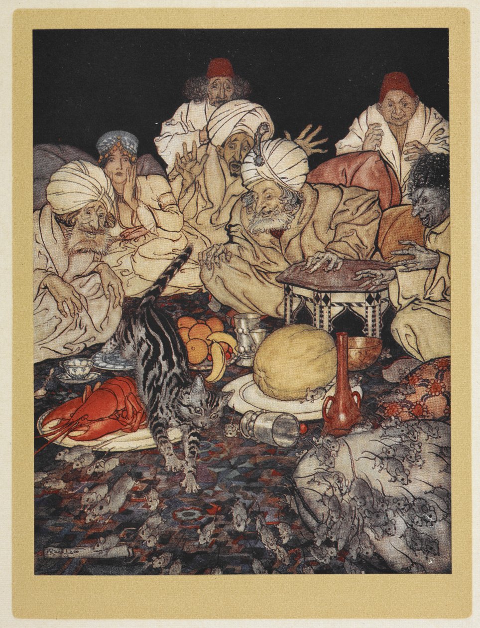 Il gatto di Dick Whittington cavalca il re dei Mori dei suoi topi da Arthur Rackham