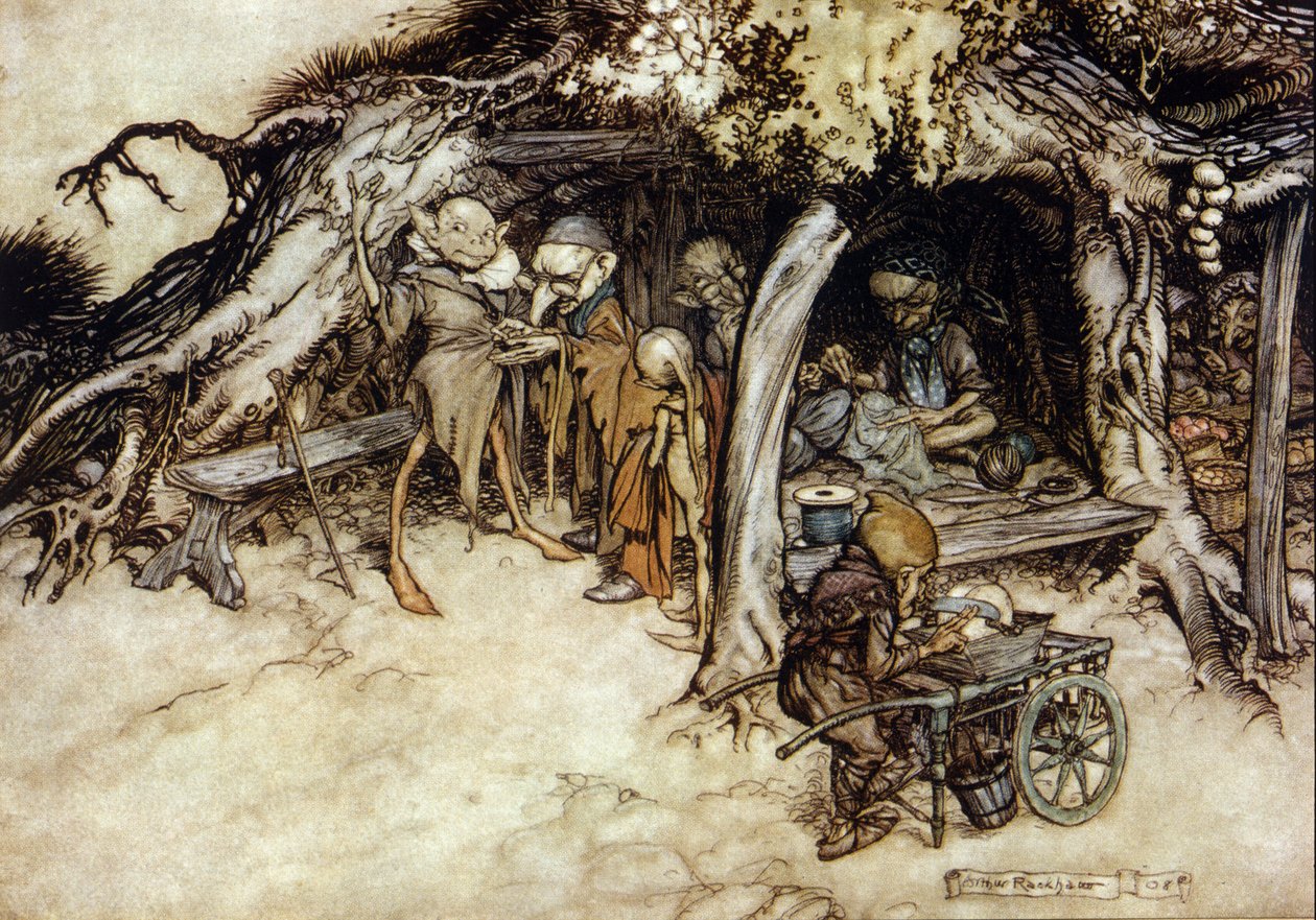 Gli elfi fanno una giacca. Illustrazione di Arthur Rackham per Il Sogno di una Notte di Mezza Estate di William Shakespeare da Arthur Rackham