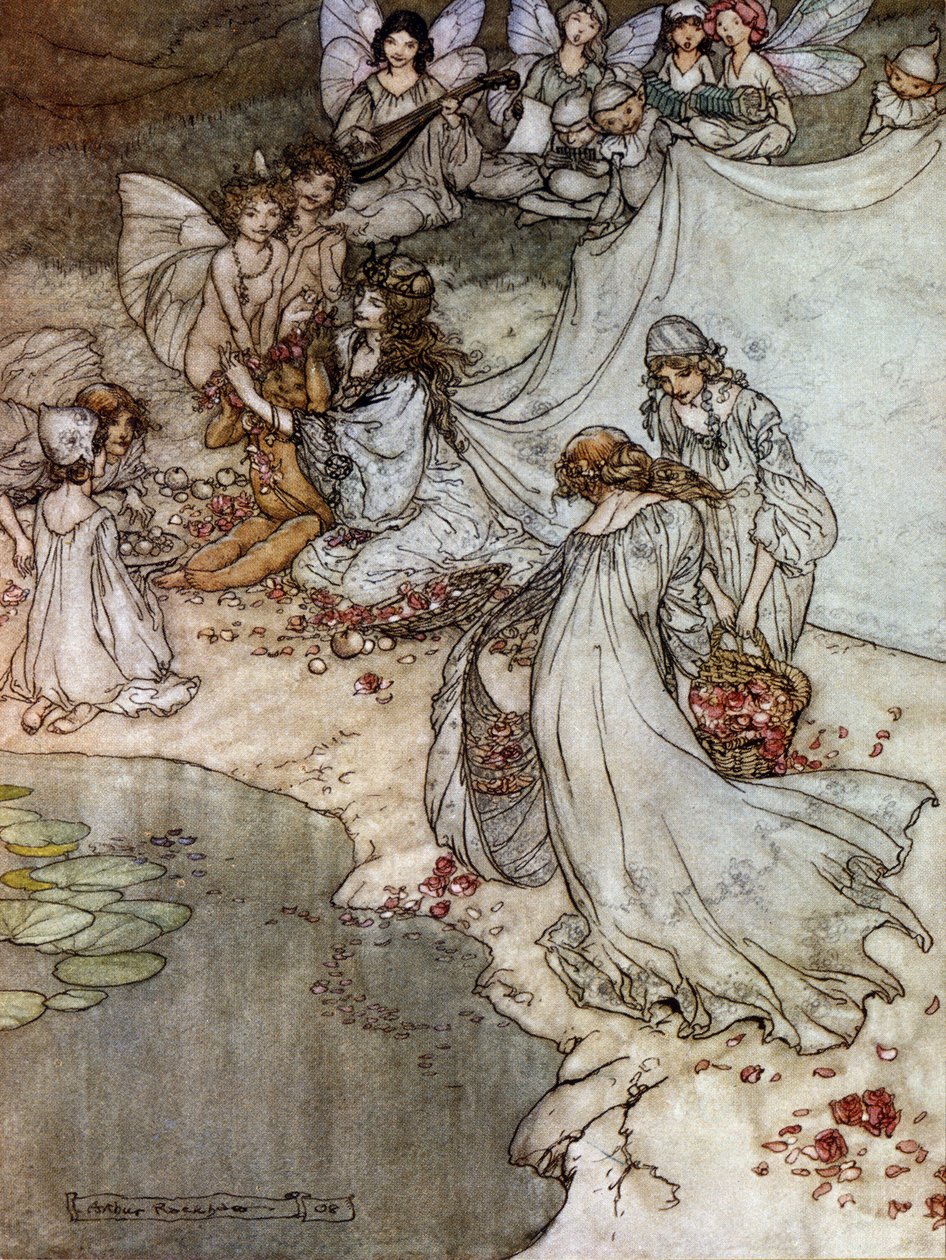 Elfi che fanno collane di rose. Illustrazione di Arthur Rackham per Il Sogno di una Notte di Mezza Estate di William Shakespeare da Arthur Rackham
