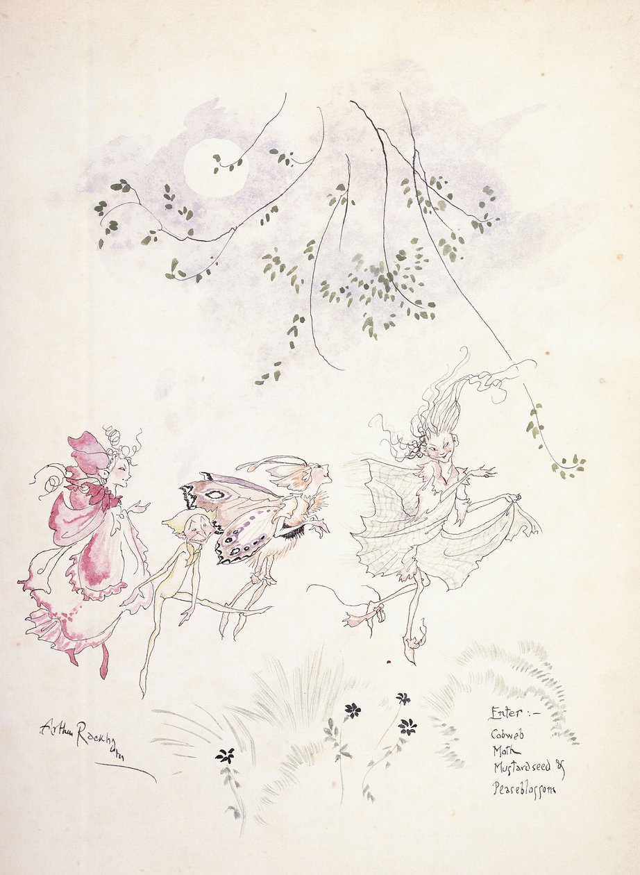 Entrano: Cobweb, Moth, Mustardseed & Peaseblossom. Illustrazione per "Sogno di una notte di mezza estate" di Shakespeare, c.1908 da Arthur Rackham