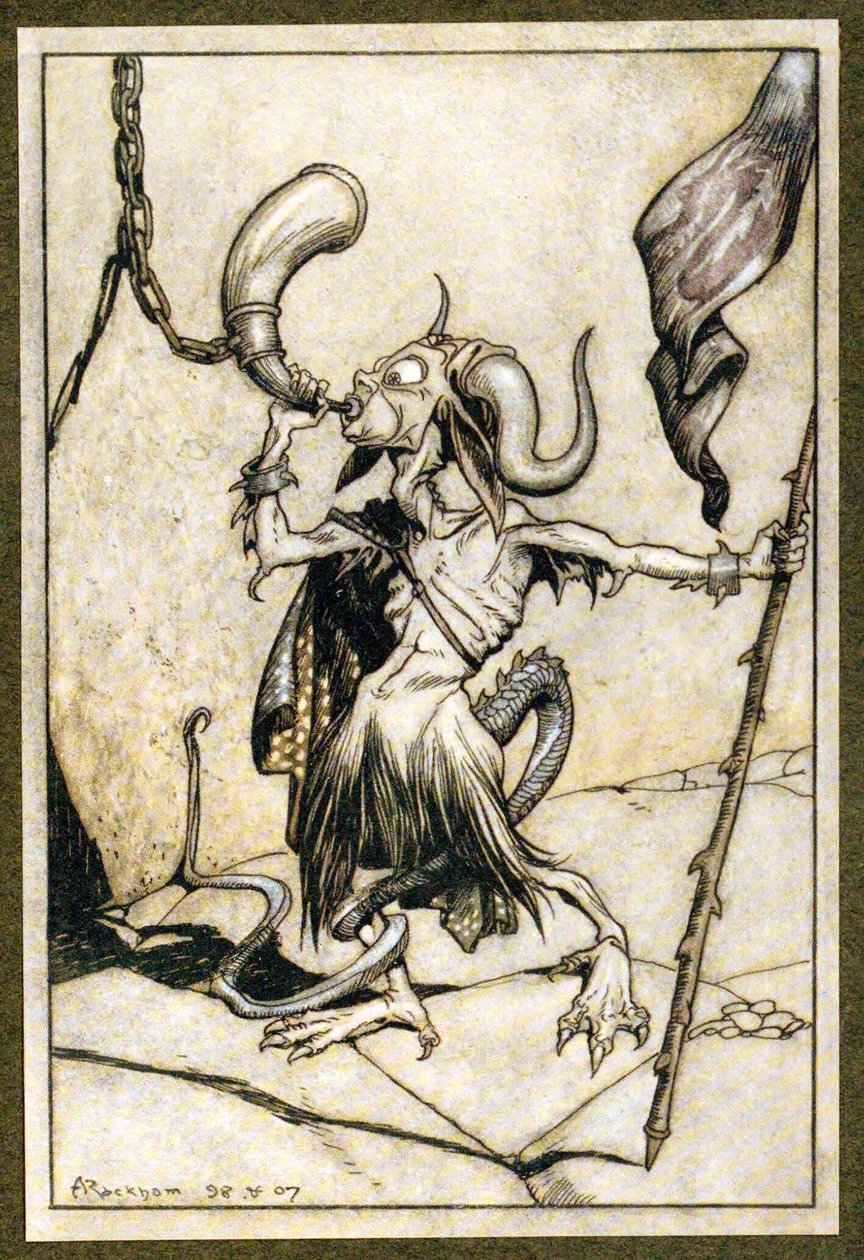 Prima che il corno alla Porta della Torre del Barbican fosse suonato con un forte potere di venti trombettieri da Arthur Rackham