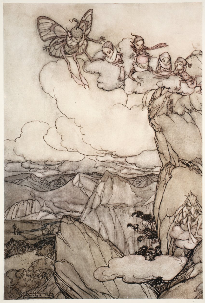 Fate nelle montagne, da Rip Van Winkle di Washington Irving, pub. 1910 da Arthur Rackham