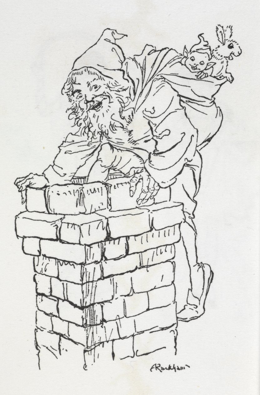Babbo Natale che sale in un camino con regali da Arthur Rackham