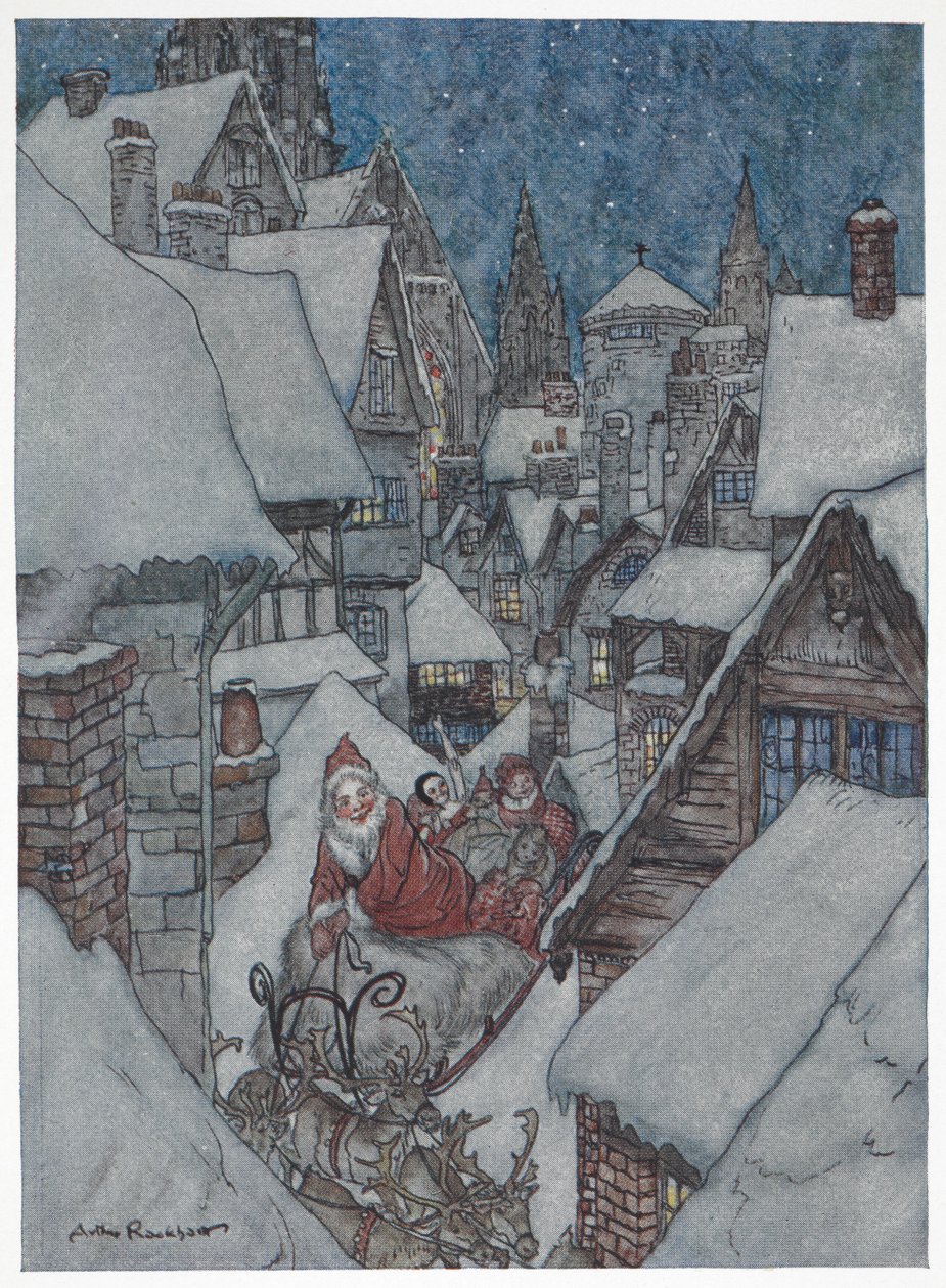 Babbo Natale che viaggia per le strade innevate sulla sua slitta da Arthur Rackham