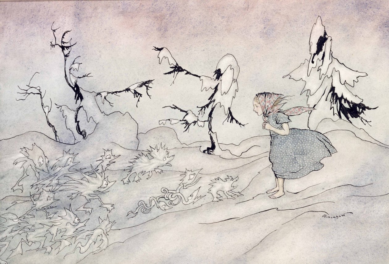Gerda è terrorizzata dalla guardia avanzata della Regina delle Nevi, ma recita il Padre Nostro e viene salvata da piccoli angeli luminosi, illustrazione da La Regina delle Nevi di Hans Christian Andersen da Arthur Rackham