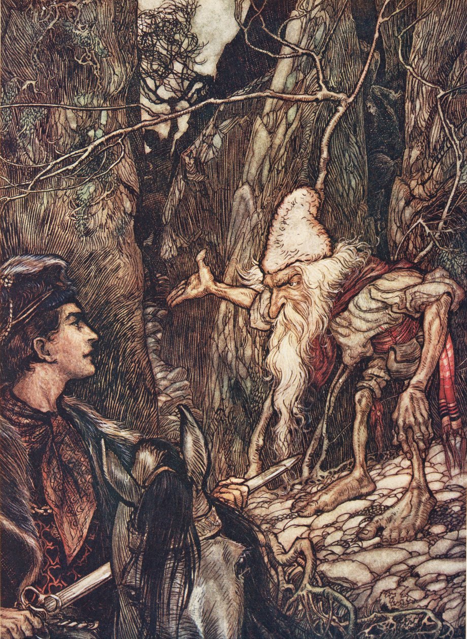 Buon nano, non puoi dirmi dove sono i miei fratelli? da Le fiabe dei fratelli Grimm, pub. 1909 da Arthur Rackham
