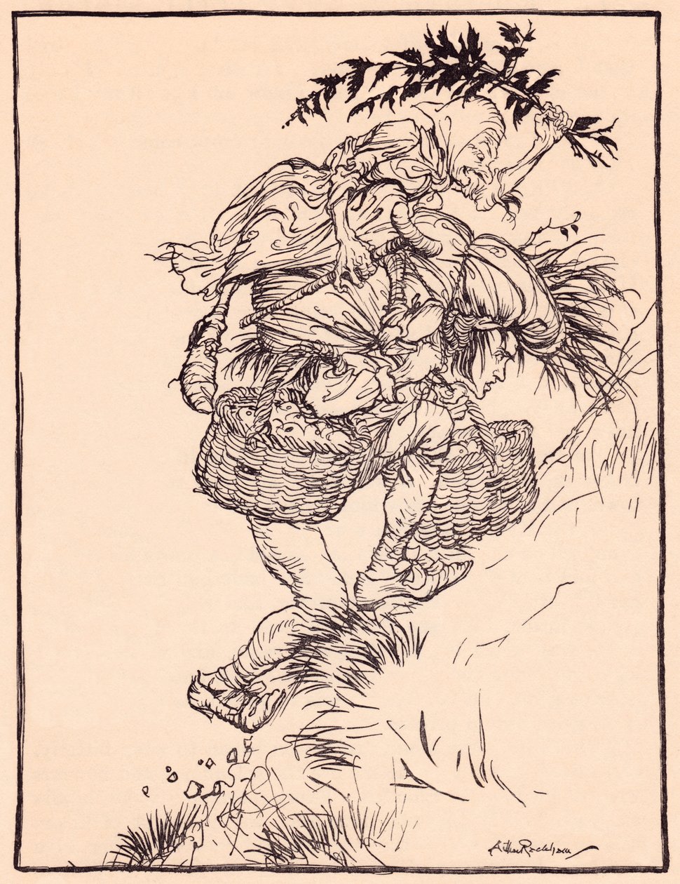 Gemendo continuamente, salì la montagna. Illustrazione di Arthur Rackham da Fiaba dei Grimm, La ragazza dell
