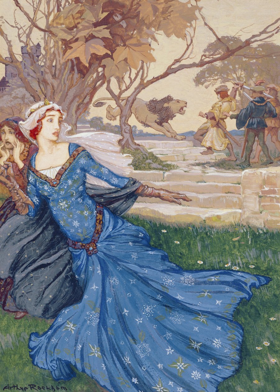 Ginevra salvata da La Cote Male Taile, illustrazione da A Collection of Stories from Old Fairy Tales: Grimm, Andersen and Stories of King Arthur, pubblicato 1905 da Arthur Rackham
