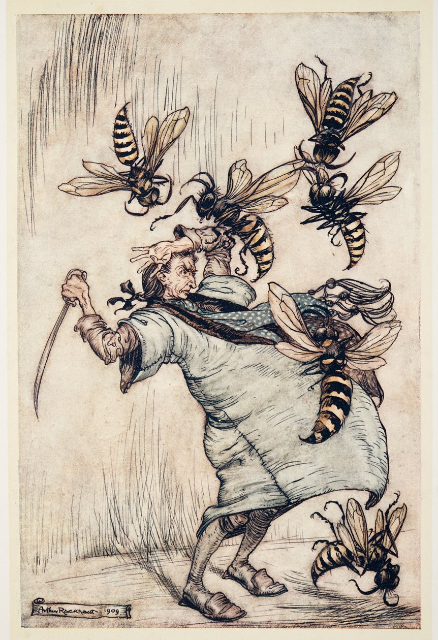 Il Combattimento di Gulliver con le Vespe, da I Viaggi di Gulliver di Jonathan Swift (1667 - 1745), pub. 1909 da Arthur Rackham