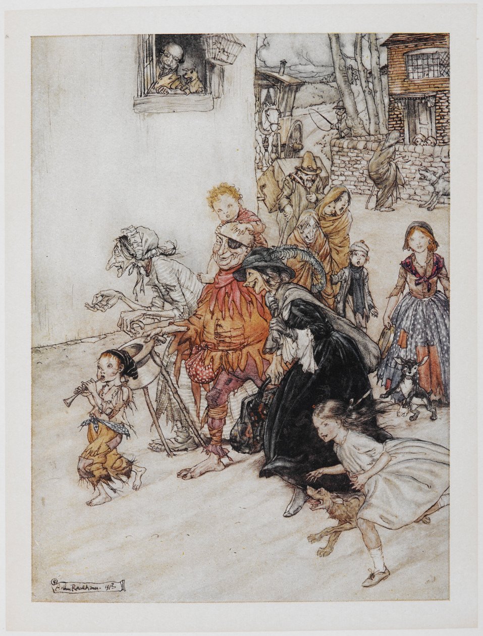 Hark! Hark! I cani abbaiano. Una collezione di personaggi tra cui un giullare, vecchie donne e bambini, che camminano per le strade da Arthur Rackham