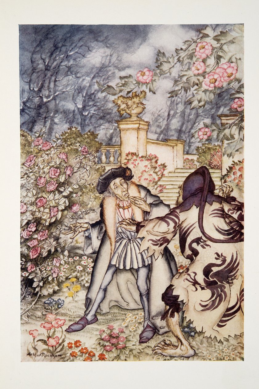 Sentì un forte rumore e vide venire verso di lui una bestia così spaventosa da farlo svenire dalla paura, da The Arthur Rackham Fairy Book, pub. 1933 da Arthur Rackham