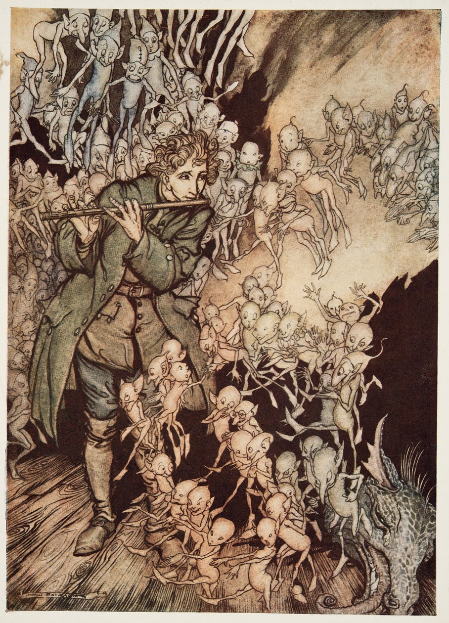 Suonò finché la stanza fu completamente piena di gnomi, da Little Brother & Little Sister e altre fiabe dei fratelli Grimm, pub. 1917 da Arthur Rackham