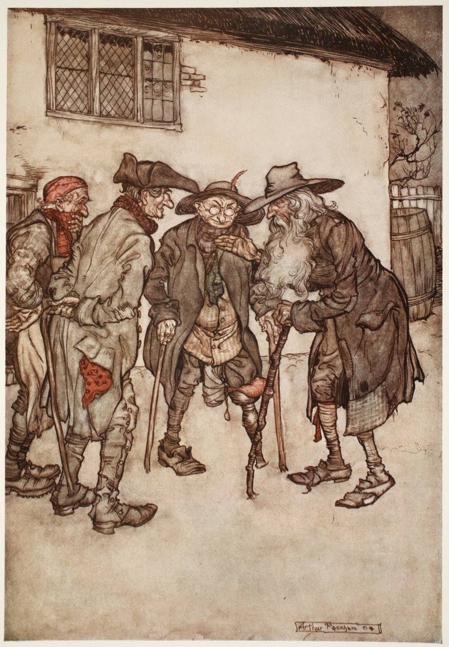 Presto trovò molti dei suoi vecchi amici, anche se tutti piuttosto peggiorati dal logorio del tempo., da Rip Van Winkle di Washington Irving, pub. 1910 da Arthur Rackham