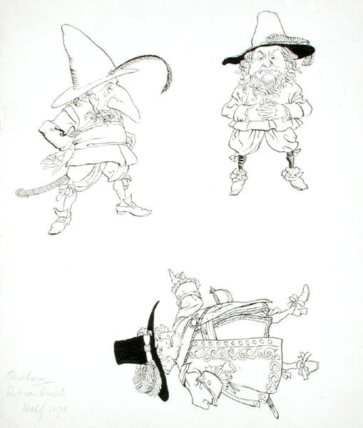 Era un vecchio signore robusto, con un volto segnato dal tempo; indossava un farsetto ricamato, una cintura larga e una spada, un cappello alto con piuma, calze rosse e scarpe con tacchi alti, illustrazione da 