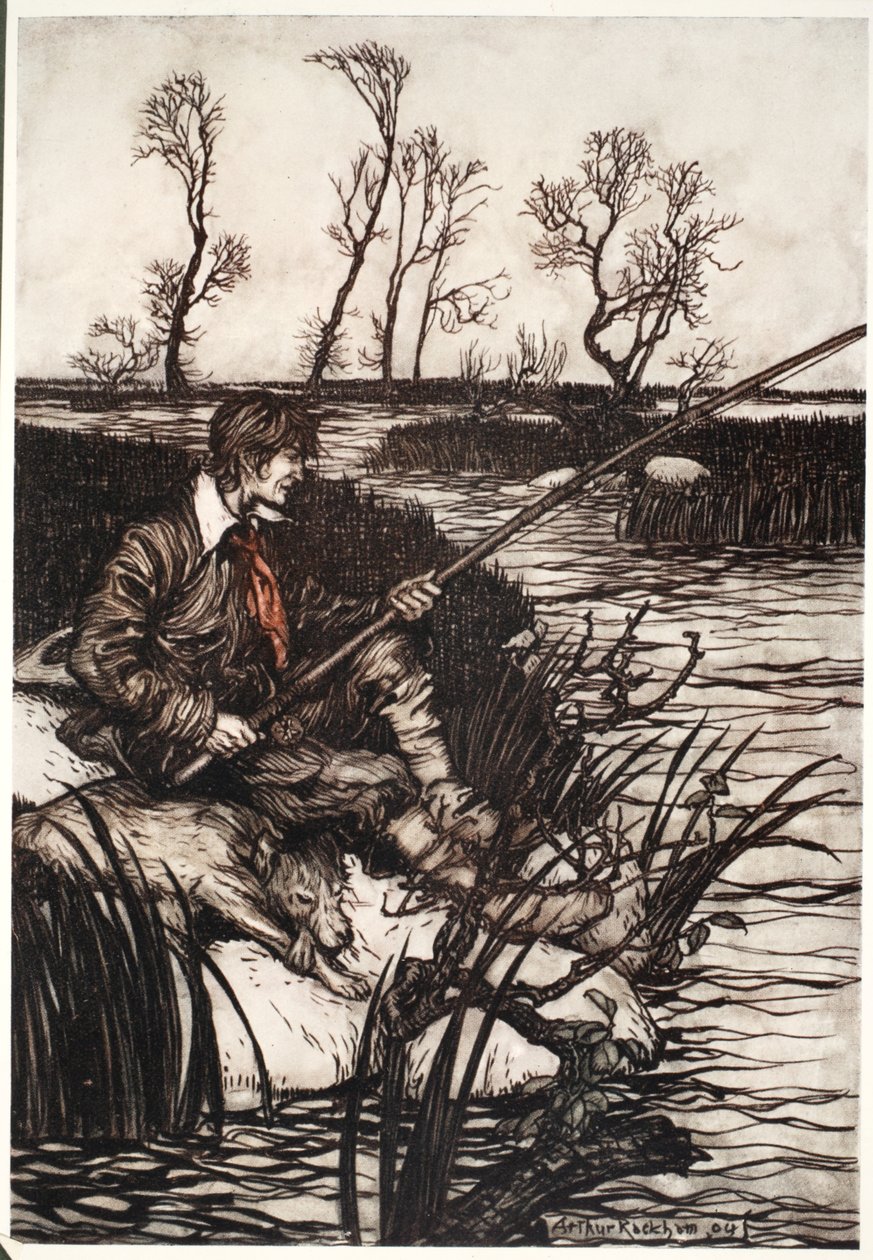 Si sedeva su una roccia bagnata e pescava tutto il giorno., da Rip Van Winkle di Washington Irving, pub. 1910 da Arthur Rackham